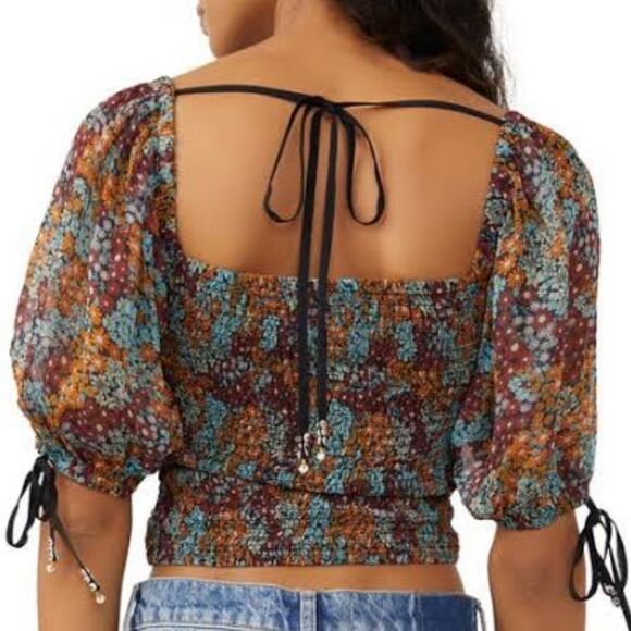 NWT Free People Back on Top Floral Square Neck Puff Sleeve Earthy Cropped XS - Picture 12 of 15